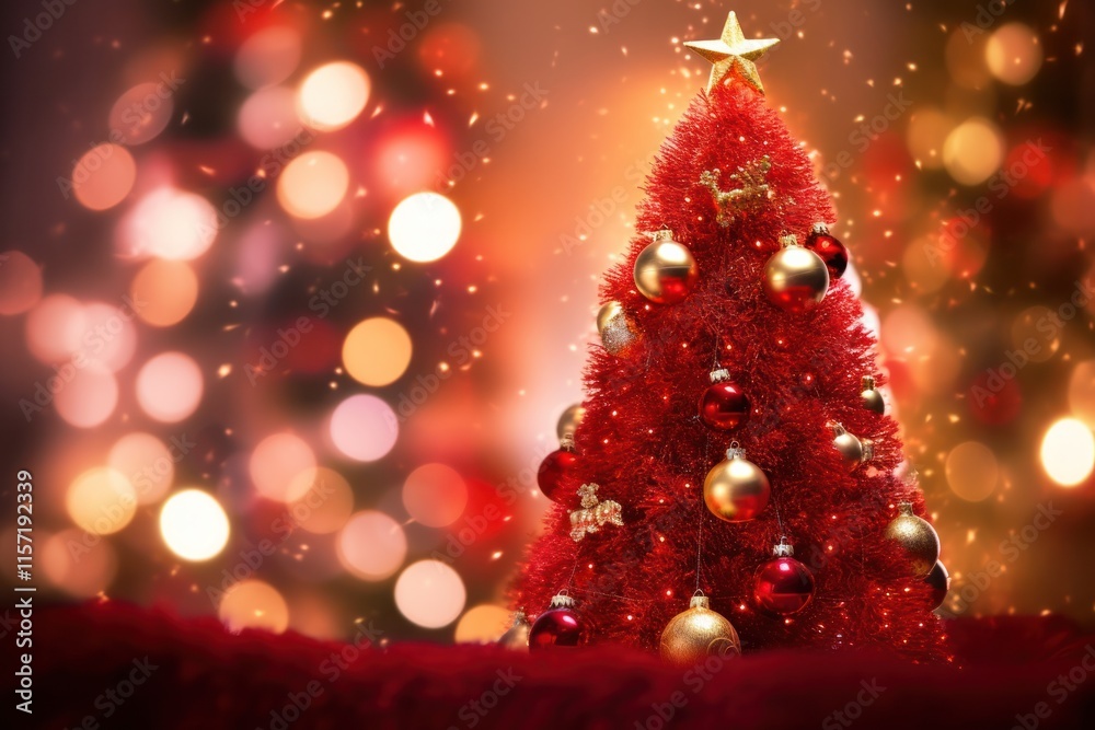 Decorated Christmas tree surrounded by twinkling bokeh lights and festive ornaments, creating a magical holiday scene on a red background Decorated Christmas tree surrounded by twinkling bokeh lights and festive ornaments, creating a magical holiday scene on a red background