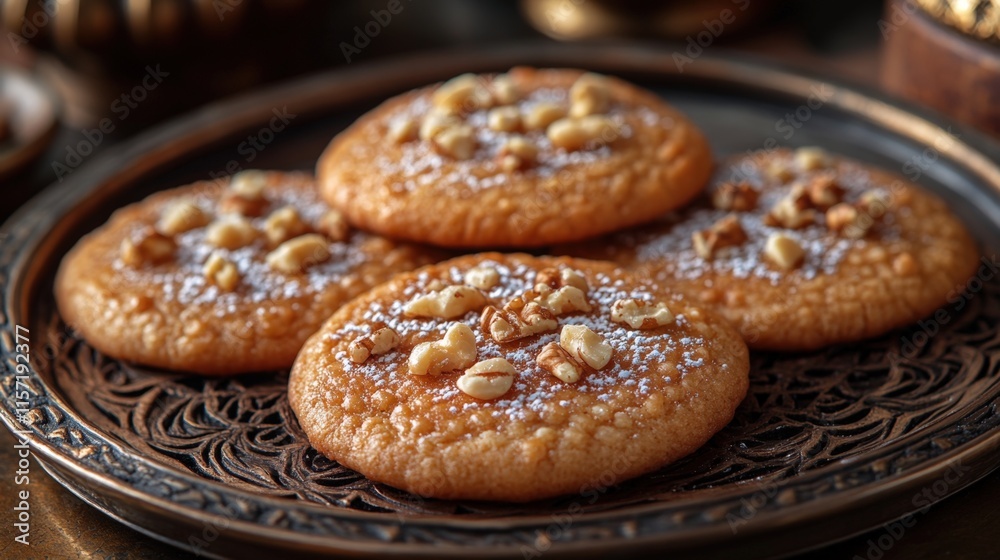 Delicious walnut cookies dusted with powdered sugar on an ornate metal plate. Delicious walnut cookies dusted with powdered sugar on an ornate metal plate.