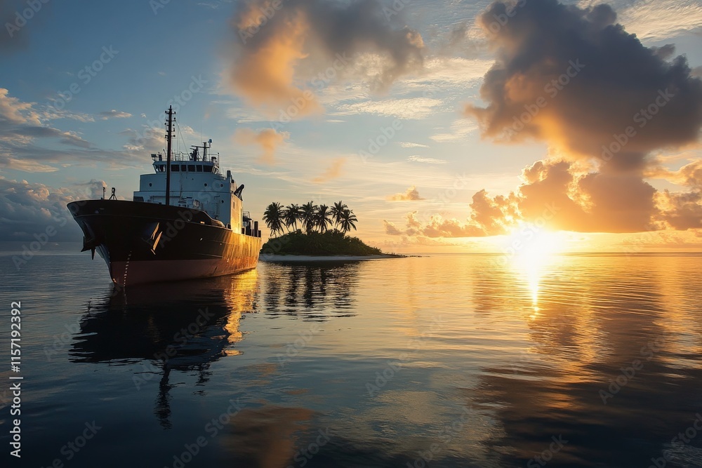 Fototapeta premium A large cargo ship sails past a small, idyllic island dotted with palm trees, against a backdrop of a dramatic, colorful sunset sky over tranquil waters.