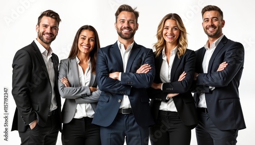 Happy business team poses confidently. Successful group in formal wear stands together on plain white background. Business partners look directly at camera with positive expressions. Project trust,
