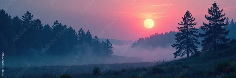 A forest landscape bathed in a soft lunar glow as morning fog slowly lifts from the ground, forest, landscape A forest landscape bathed in a soft lunar glow as morning fog slowly lifts from the ground, forest, landscape