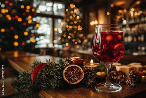 A glass of sparkling wine in a warm and cozy bar photo