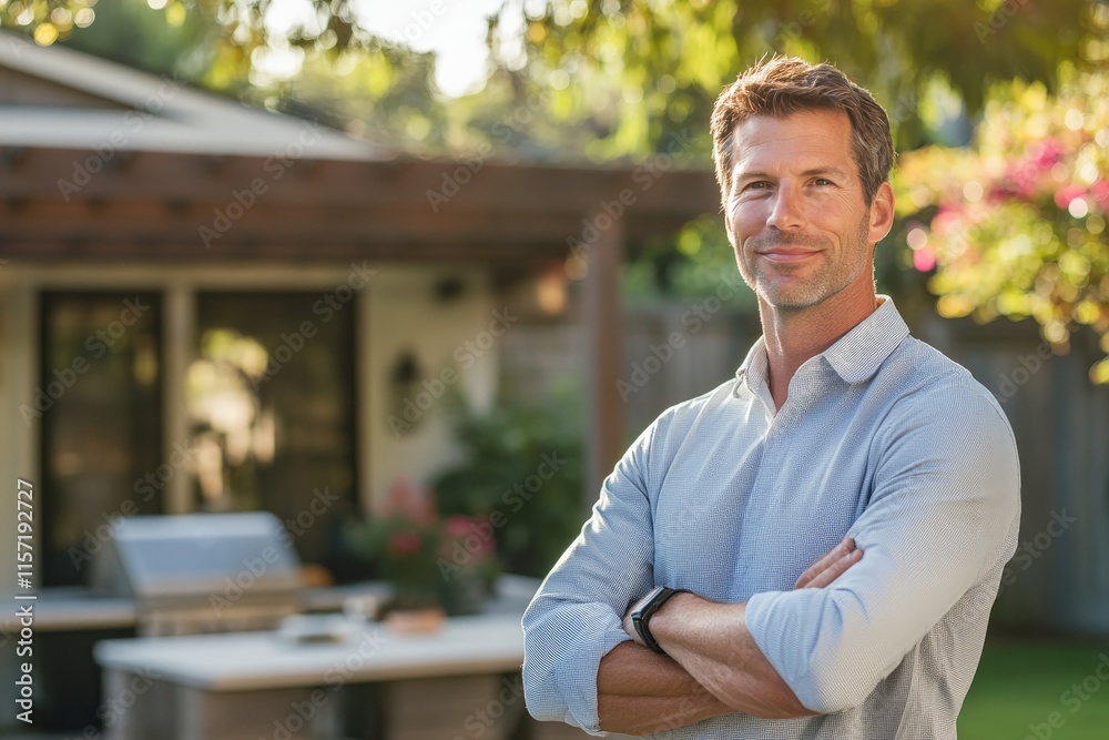 Fototapeta premium A confident man stands in his backyard with arms crossed, surrounded by greenery and a hint of modern outdoor decor, representing contentment and ownership.
