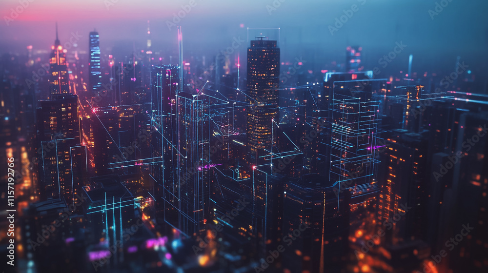 Fototapeta premium Smart digital Innovation city with connection network reciprocity over the cityscape. of future smart wireless digital city and social media networking systems that connects people with in city