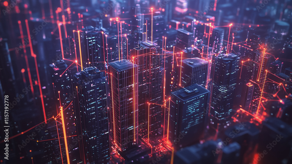 Fototapeta premium Smart digital Innovation city with connection network reciprocity over the cityscape. of future smart wireless digital city and social media networking systems that connects people with in city