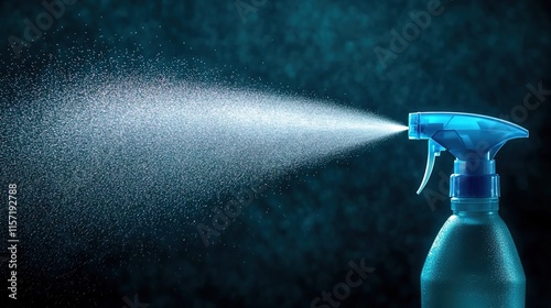 A close-up of an illuminated blue spray bottle spraying water against a dark background, symbolizing the use of cleaning product for rooms and surfaces in your home or office. Isolated on a pastel bac