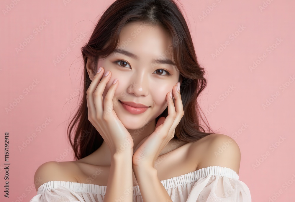 Woman with hands on face, pink background
Woman with hands on face, pink background