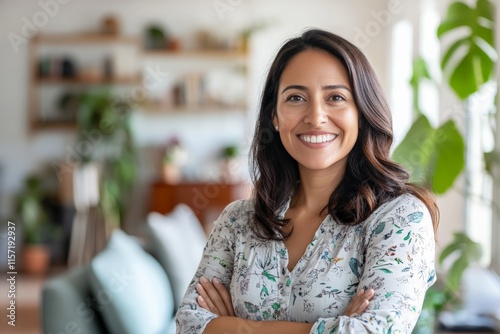 A cheerful woman in a floral blouse with a welcoming smile stands against a stylish home interior, highlighting her hospitable and friendly nature with decor accents.