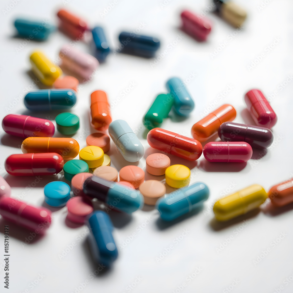 A shallow focus photograph of scattered colorful pills and drug capsules vitamins on a clean white background A shallow focus photograph of scattered colorful pills and drug capsules vitamins on a clean white background