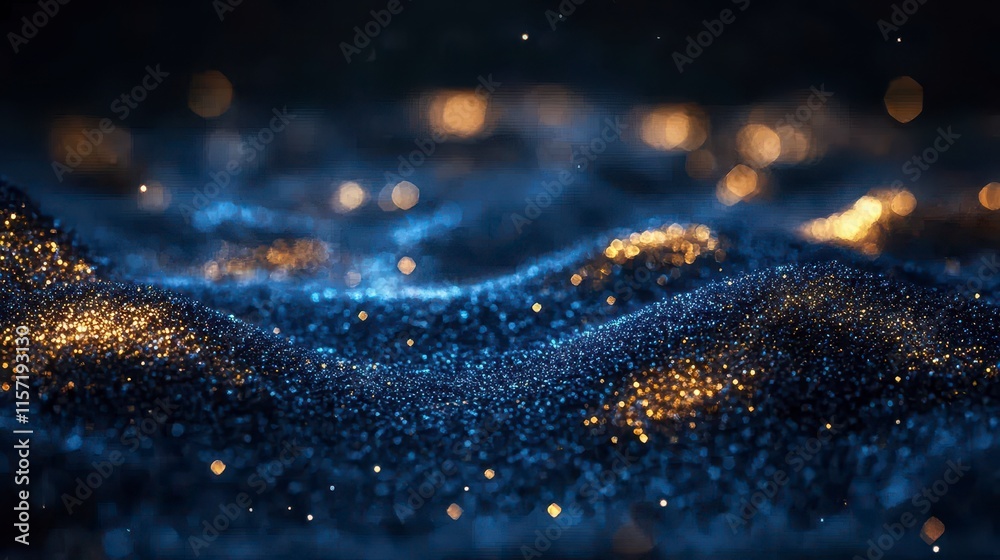 Abstract dark blue and gold glittering particles undulating like waves. Abstract dark blue and gold glittering particles undulating like waves.