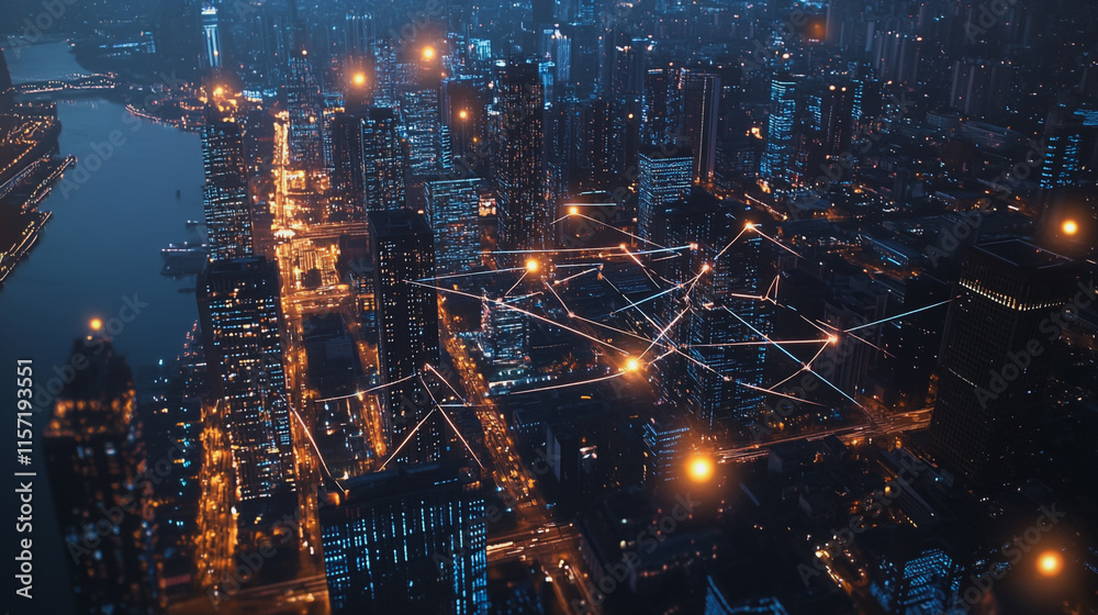 Smart digital Innovation city with connection network reciprocity over the cityscape. of future smart wireless digital city and social media networking systems that connects people with in city Smart digital Innovation city with connection network reciprocity over the cityscape. of future smart wireless digital city and social media networking systems that connects people with in city