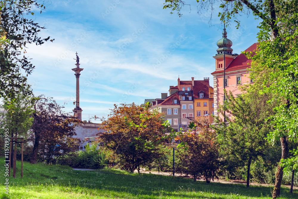Picturesque and historic charm of Warsaw's Old Town, featuring Sigismund's Column, Royal Castle, and colorful Old Town's buildings