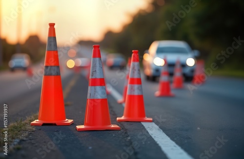 Orange traffic cones mark roadside DUI checkpoint. Law enforcement presence controls traffic flow on asphalt road. Sunset light falls on road. Safety measures ensure driver compliance. Road safety photo