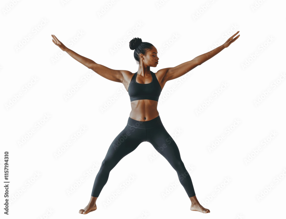 Obraz premium A person doing a yoga Warrior II pose, wearing comfortable fitness attire, front view, centered on a white background to capture the posture