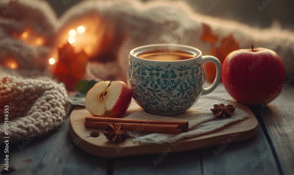A mug of tea with a cinnamon stick and an apple on a wooden tray A mug of tea with a cinnamon stick and an apple on a wooden tray