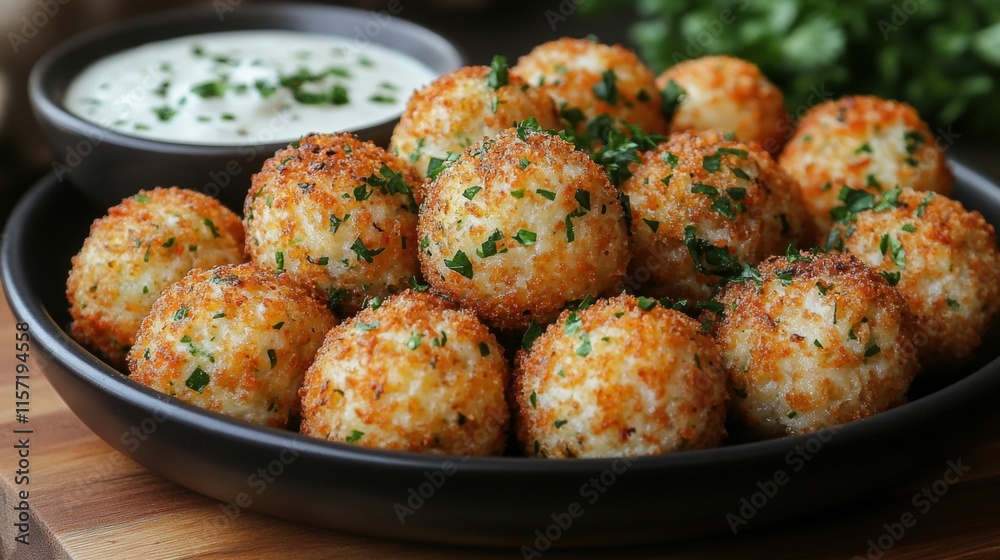 Crispy fried cheese balls with creamy dip. Crispy fried cheese balls with creamy dip.