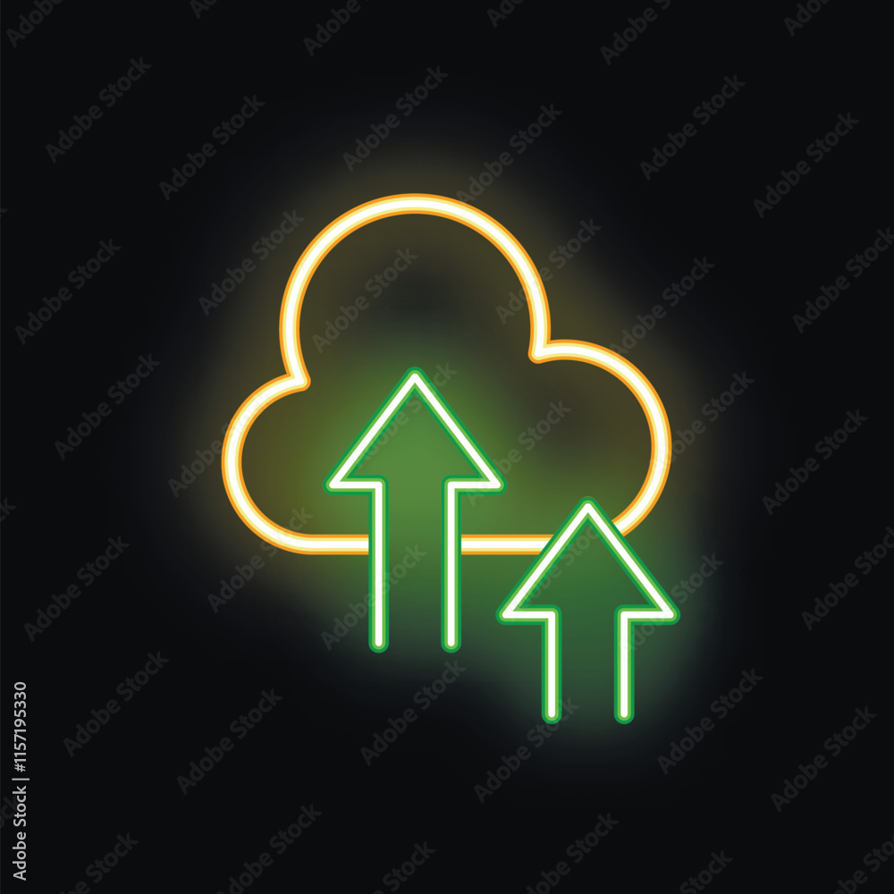 Green neon arrows pointing up into a cloud in a cloud computing concept Green neon arrows pointing up into a cloud in a cloud computing concept