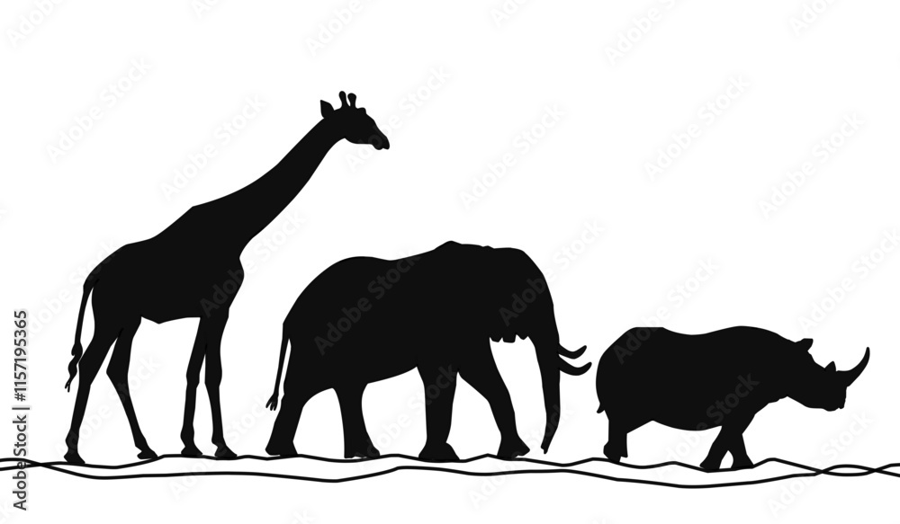 Silhouette of animals in the savannah. African landscape scene. Vector horizontal seamless tropical background with elephants, giraffes and rhinoceros. Black isolated silhouette Silhouette of animals in the savannah. African landscape scene. Vector horizontal seamless tropical background with elephants, giraffes and rhinoceros. Black isolated silhouette