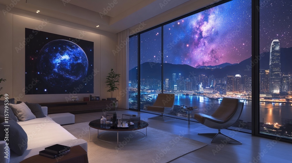 Fototapeta premium Modern living room with a planetary mural on the wall and a breathtaking nighttime city skyline.