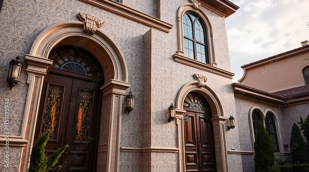 Obraz premium Residential Building Facade with Arched Entryways and Stucco Exterior