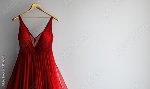 A red dress is hanging on a hanger
