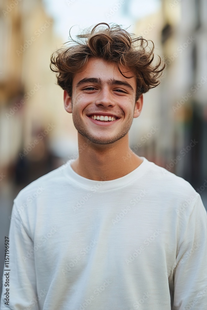 Smiling young man stands confidently in vibrant urban setting, e