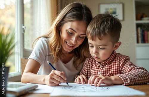 Mother, son drawing together at table. Looking intently at paper. Woman smiling, guiding child. Son looking focused on project. Comfortable family atmosphere. Creating art together. Happy moments at photo