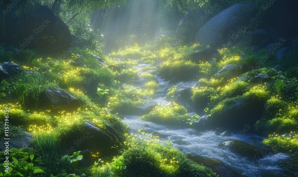 A lush green forest with a stream running through it A lush green forest with a stream running through it
