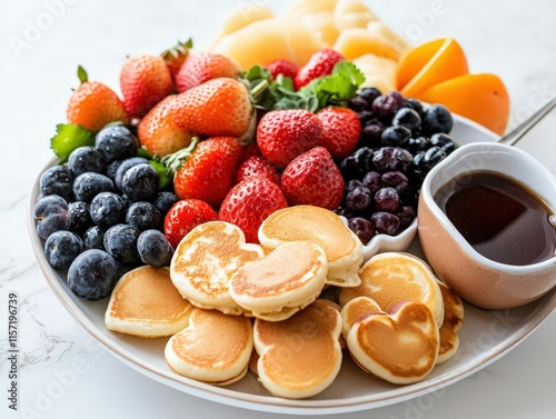 A vibrant platter of pancakes and assorted fresh fruits, including strawberries, blueberries, and melon, served with syrup. photo