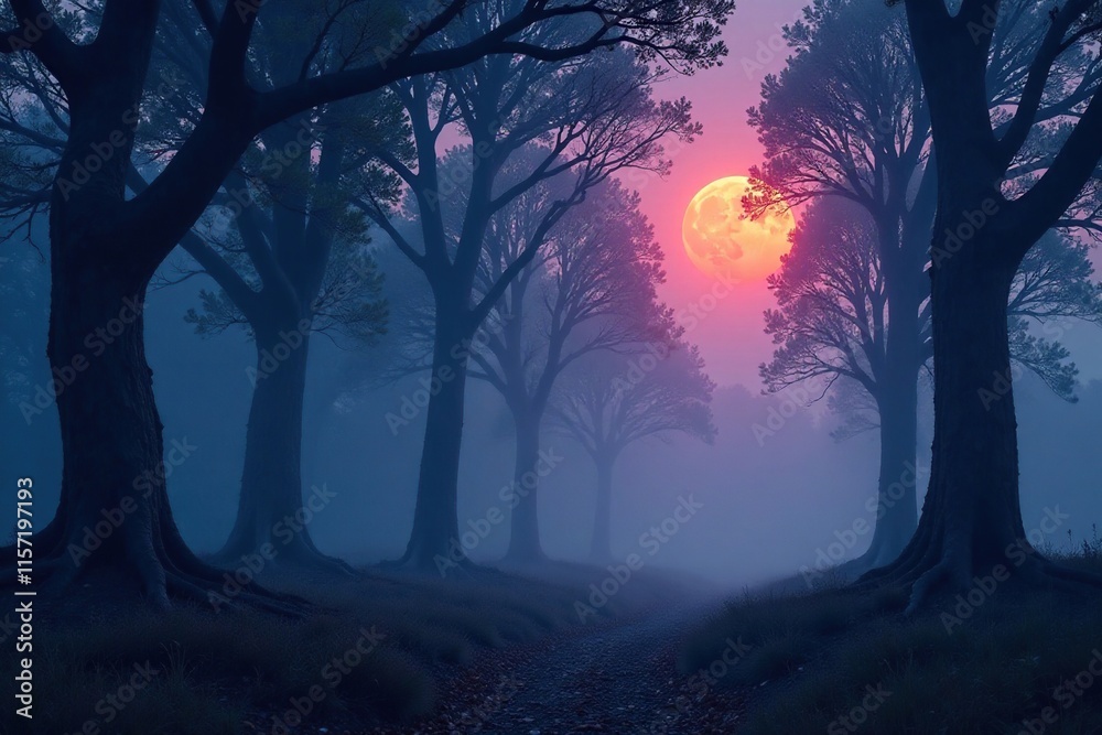 Fototapeta premium Twilight forest with twisted tree trunks and misty fog, twilight, abstract landscape