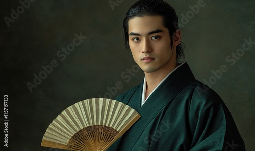 A man wearing a green kimono holding a fan