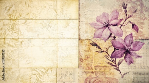 Vintage floral collage with delicate purple flowers on aged paper and tile background.