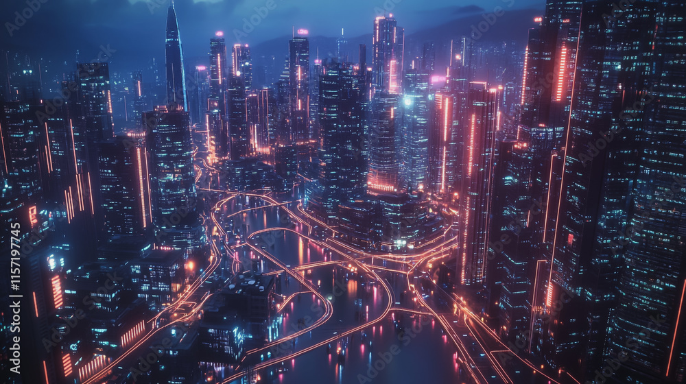 Fototapeta premium Smart digital Innovation city with connection network reciprocity over the cityscape. of future smart wireless digital city and social media networking systems that connects people with in city