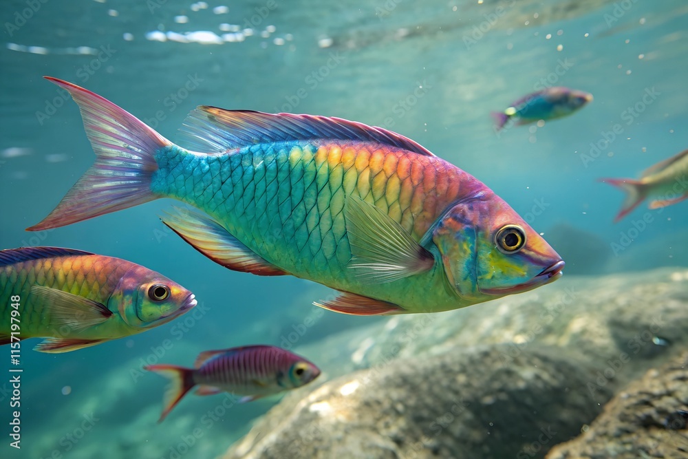 Naklejka premium vibrant fish swim underwater, exhibiting iridescent scales and fins.