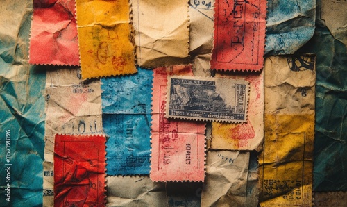 A bunch of old stamps are on a piece of paper photo