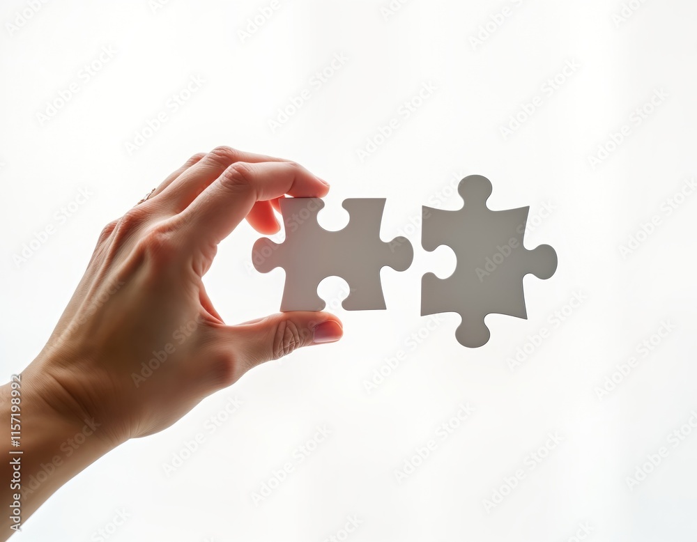 Close up photo of hand holding single puzzle piece against white background. Hand gently placing piece of jigsaw puzzle in position. Image represents concept of strategy, merging parts into whole, Close up photo of hand holding single puzzle piece against white background. Hand gently placing piece of jigsaw puzzle in position. Image represents concept of strategy, merging parts into whole,
