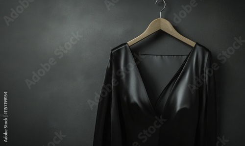 A black dress is hanging on a hanger photo