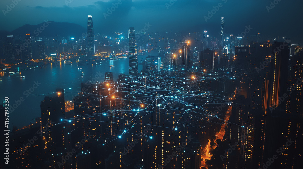 Fototapeta premium Smart digital Innovation city with connection network reciprocity over the cityscape. of future smart wireless digital city and social media networking systems that connects people with in city