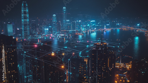 Wallpaper Mural Smart digital Innovation city with connection network reciprocity over the cityscape. of future smart wireless digital city and social media networking systems that connects people with in city Torontodigital.ca