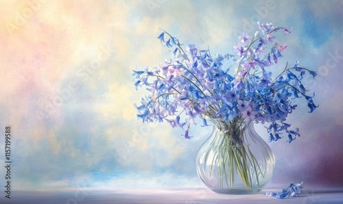 A vase of blue flowers sits on a table