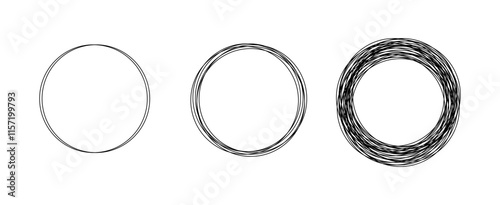 Continuous one line drawing of set black circles. Round frame sketch and speech bubble pen outline with empty space inside on white transparent background. vector illustration eps 10