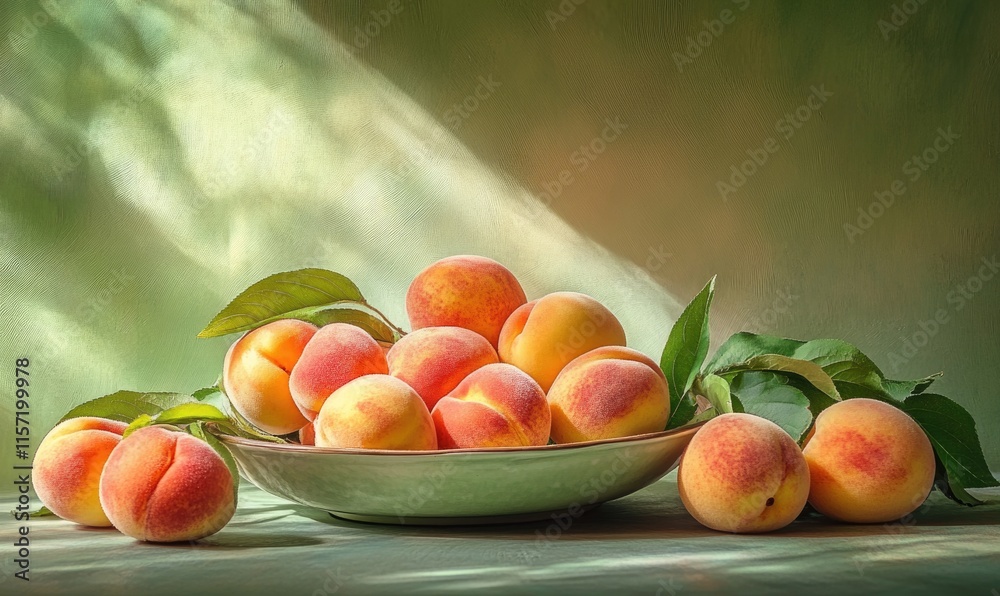 A bowl of peaches with leaves on top A bowl of peaches with leaves on top