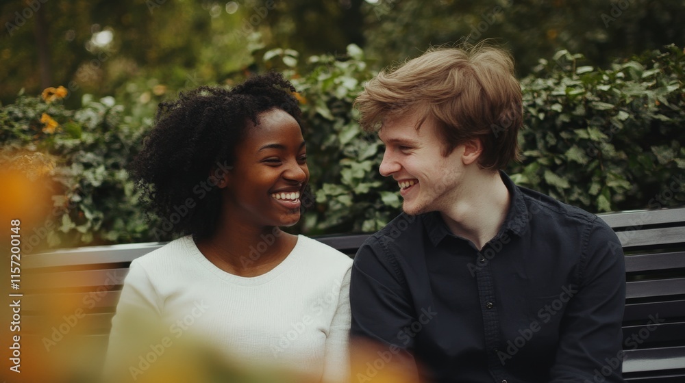 Young caucasian man and african woman smiling on a park bench Young caucasian man and african woman smiling on a park bench
