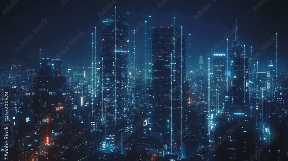 Smart digital Innovation city with connection network reciprocity over the cityscape. of future smart wireless digital city and social media networking systems that connects people with in city Smart digital Innovation city with connection network reciprocity over the cityscape. of future smart wireless digital city and social media networking systems that connects people with in city