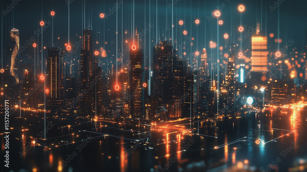 Fototapeta premium Smart digital Innovation city with connection network reciprocity over the cityscape. of future smart wireless digital city and social media networking systems that connects people with in city