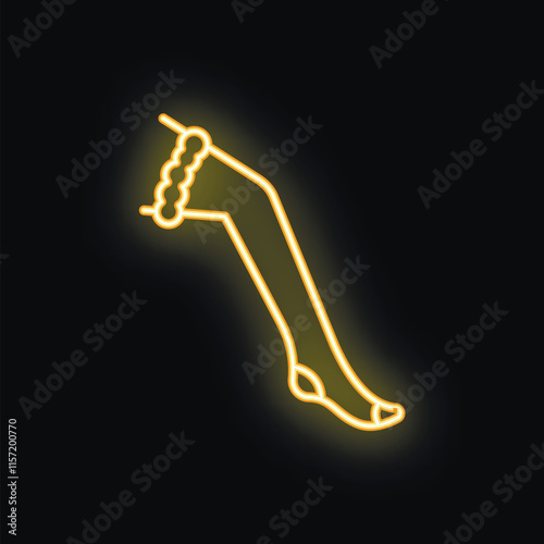 Golden neon sign representing a woman's leg wearing fishnet stockings, symbolizing femininity, beauty, and seduction