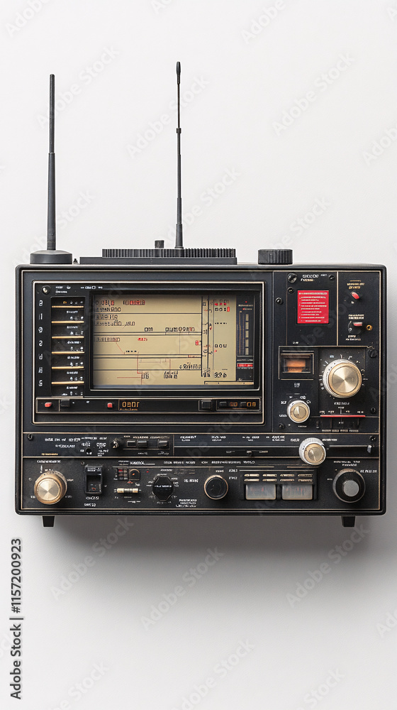 Fototapeta premium Vintage Radios with Wooden and Metal Casings Featuring Analog Dials, Knobs, and Speaker Grills in Retro Audio Style