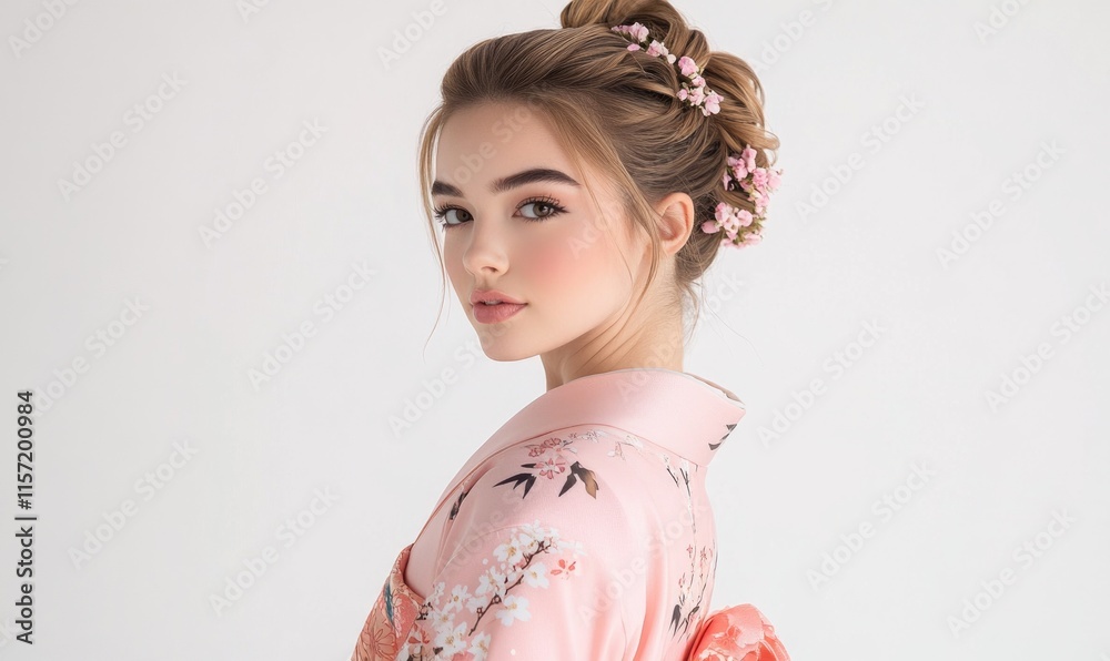 A young woman wearing a pink kimono A young woman wearing a pink kimono