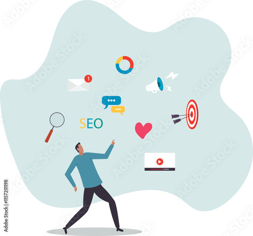 Marketing manager, online advertising, social media content or promotion campaign, customer or consumer target audience,business concept.flat character.