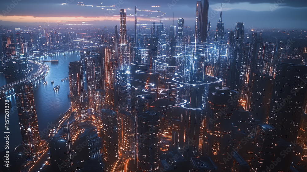 Fototapeta premium Smart digital Innovation city with connection network reciprocity over the cityscape. of future smart wireless digital city and social media networking systems that connects people with in city